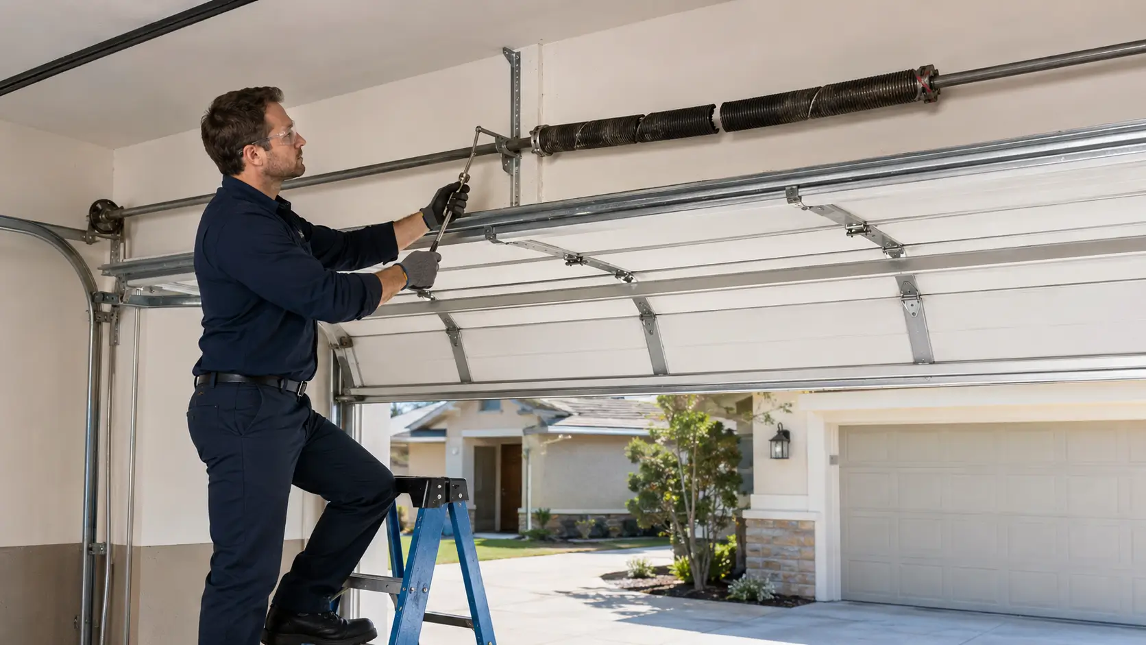 Professional technician replacing a broken garage door torsion spring