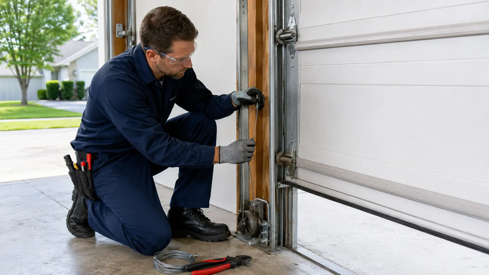 Professional technician performing a garage door cable replacement