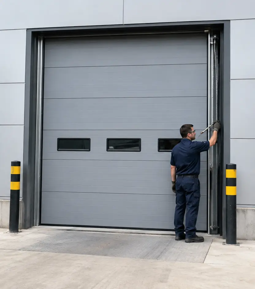 Restored commercial garage door after professional repair in Whitestown