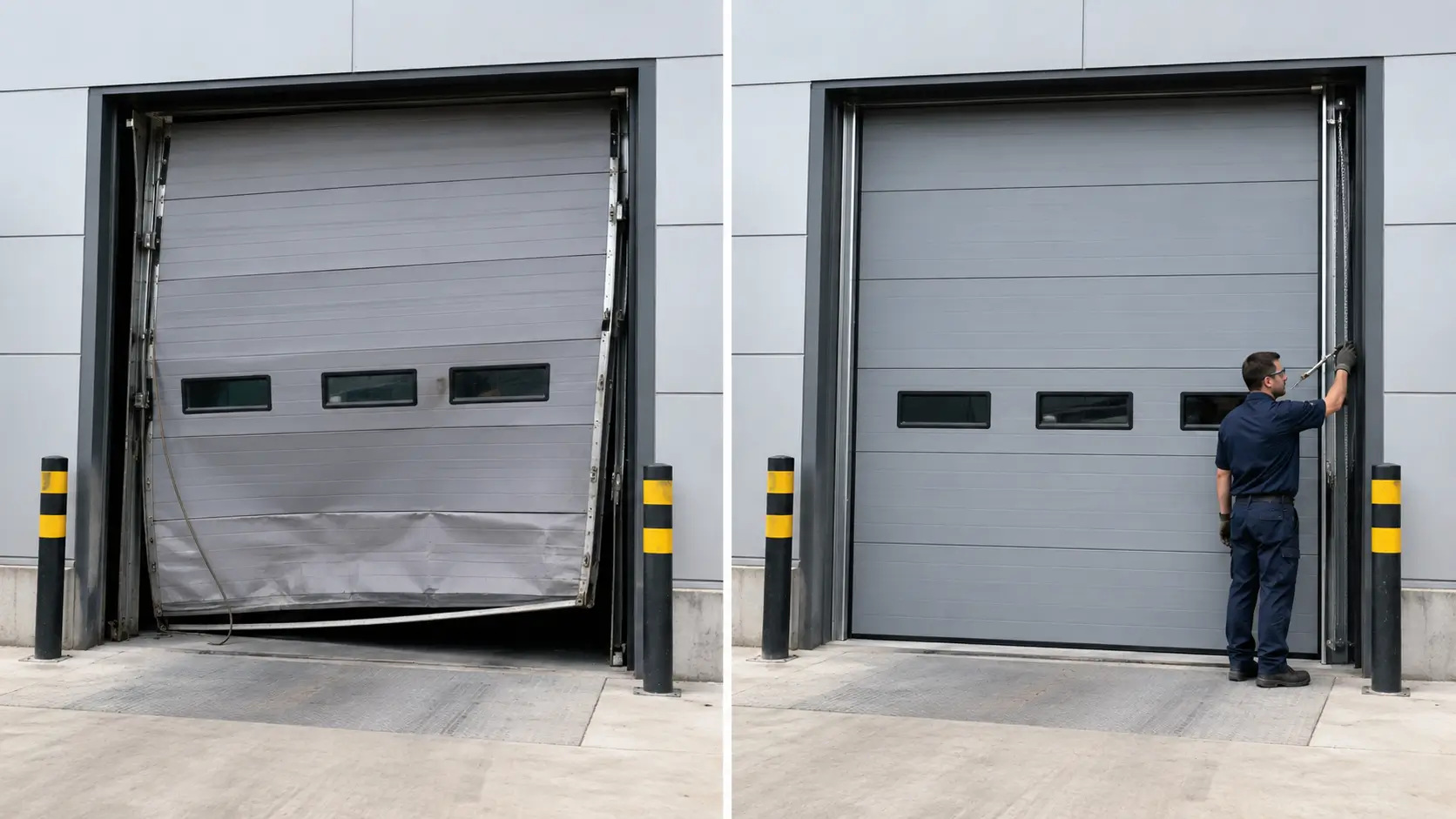 Commercial garage door before and after professional repair