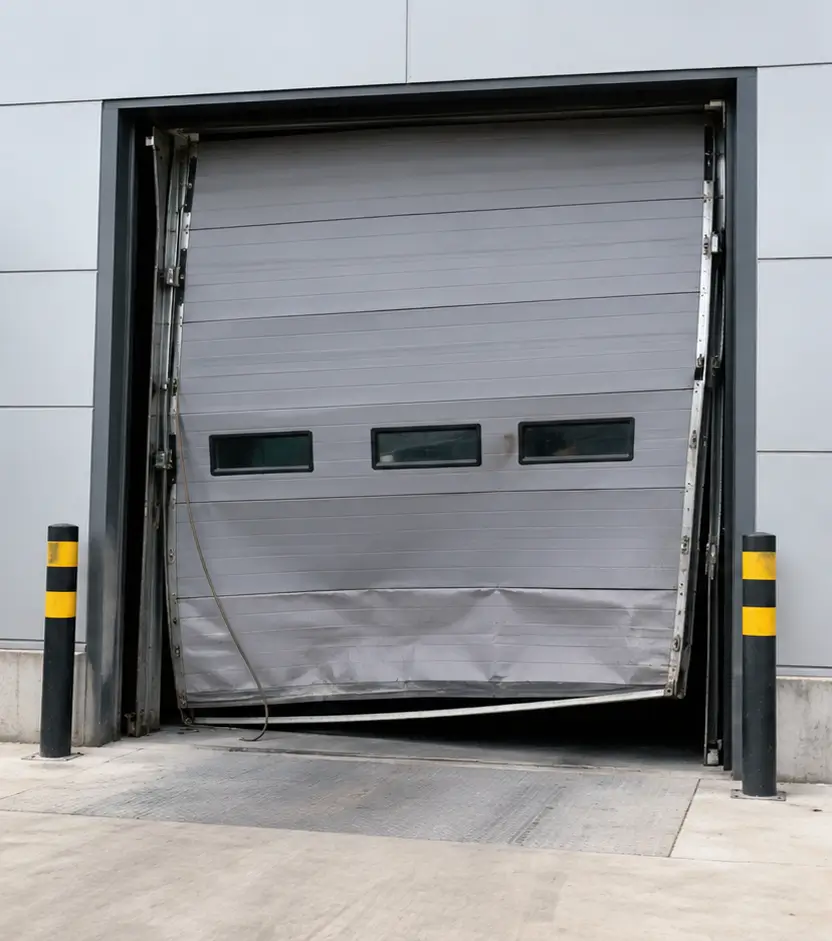 Damaged commercial garage door before professional repair in Whitestown