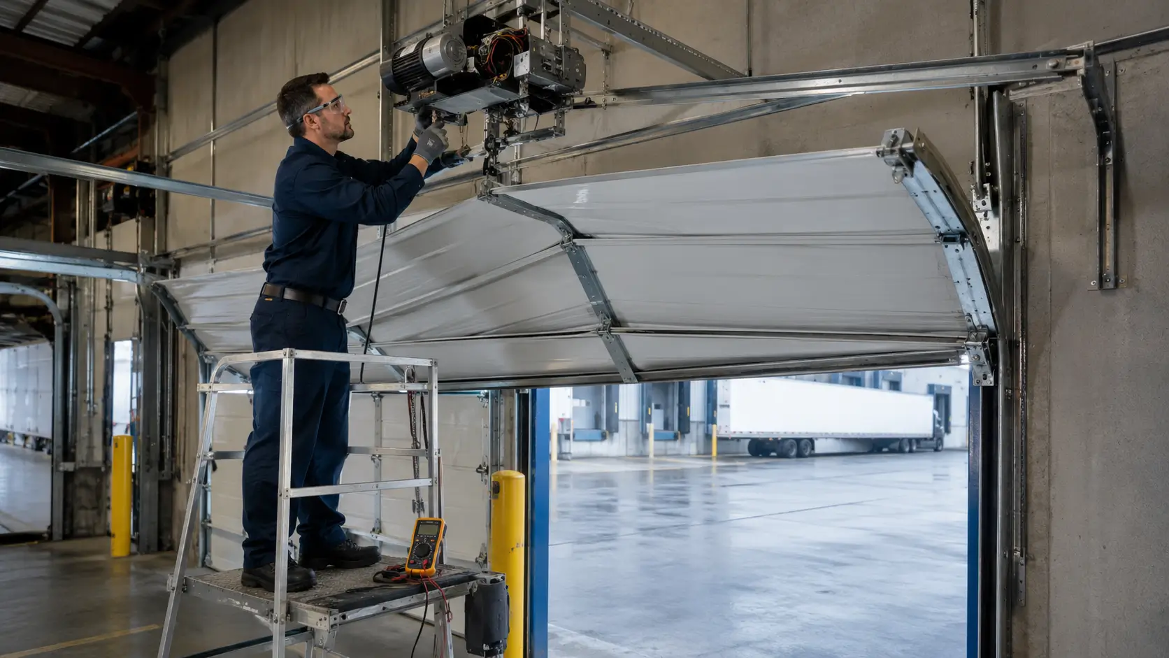 Technician performing opener and track repair on a commercial garage door