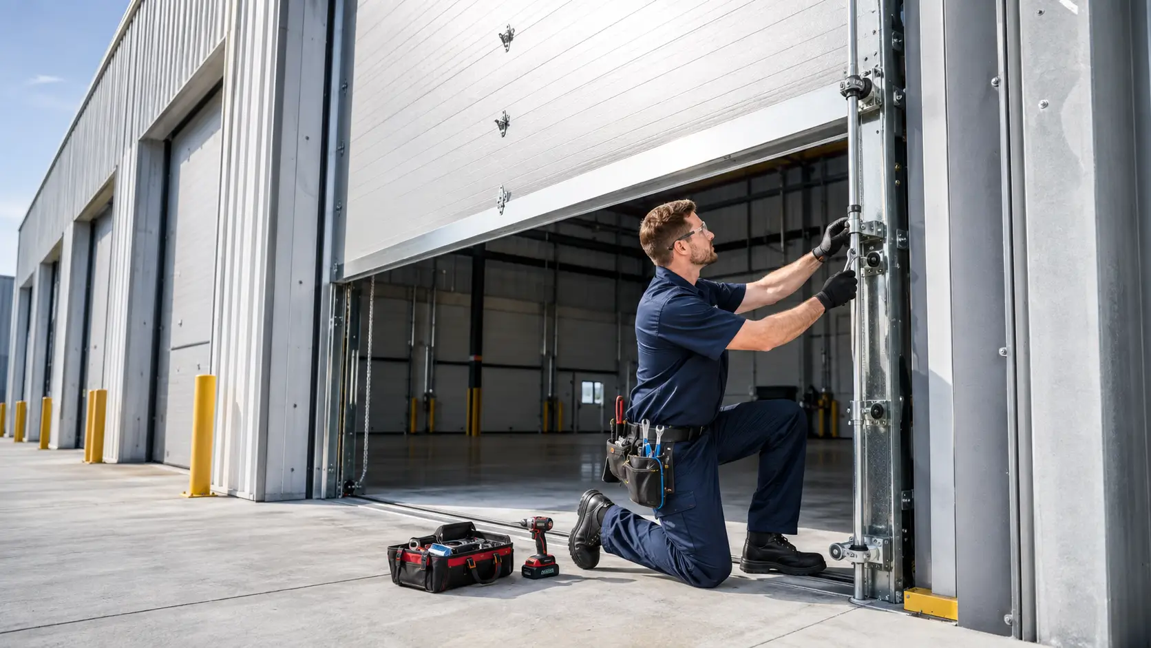 Professional technician repairing a commercial garage door track at a warehouse