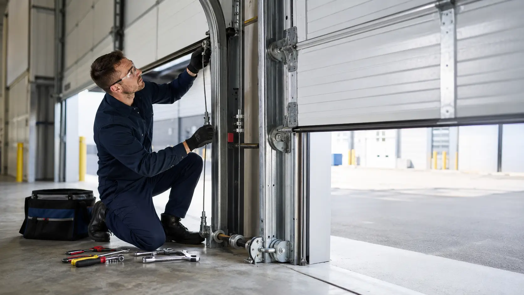 Technician performing commercial garage door track repair and urgent cable restoration