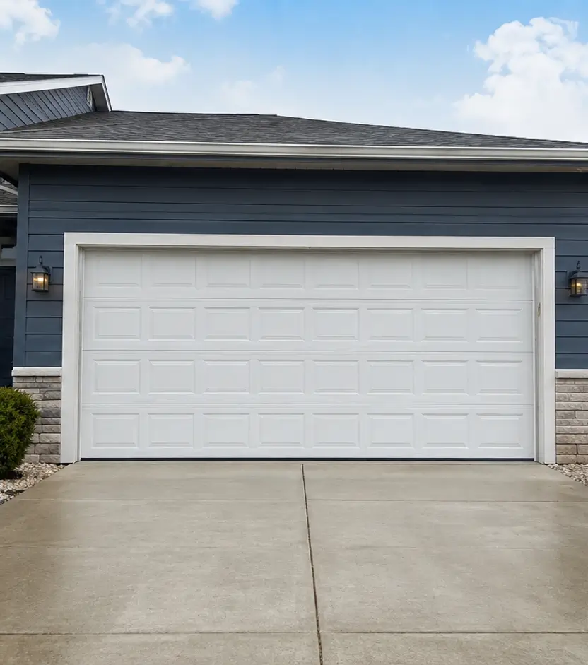 Restored residential garage door after professional repair in Whitestown