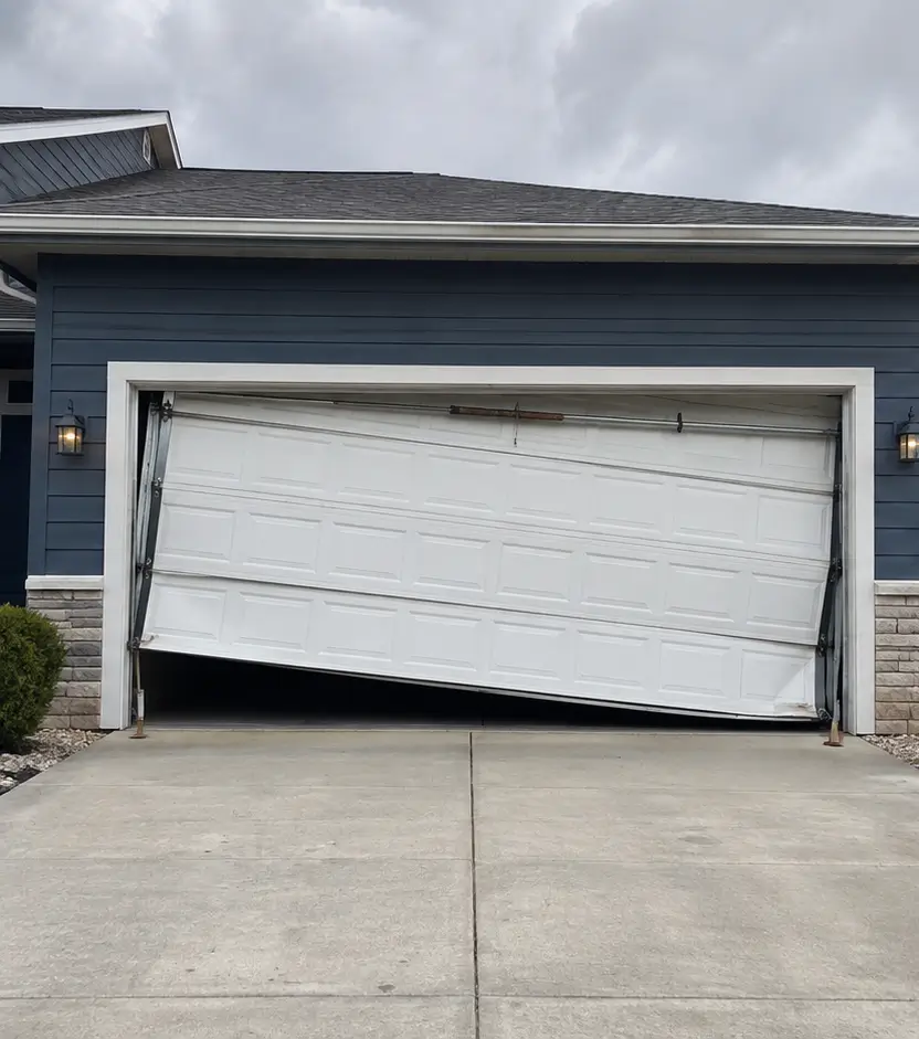 Damaged residential garage door before professional repair in Whitestown
