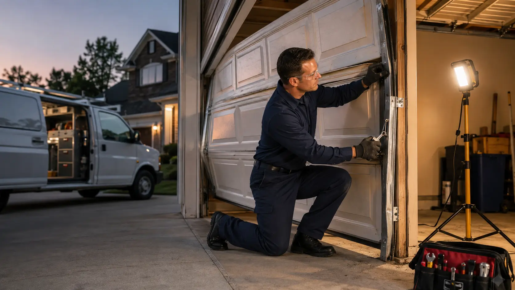 Emergency garage door repair technician realigning a damaged residential door