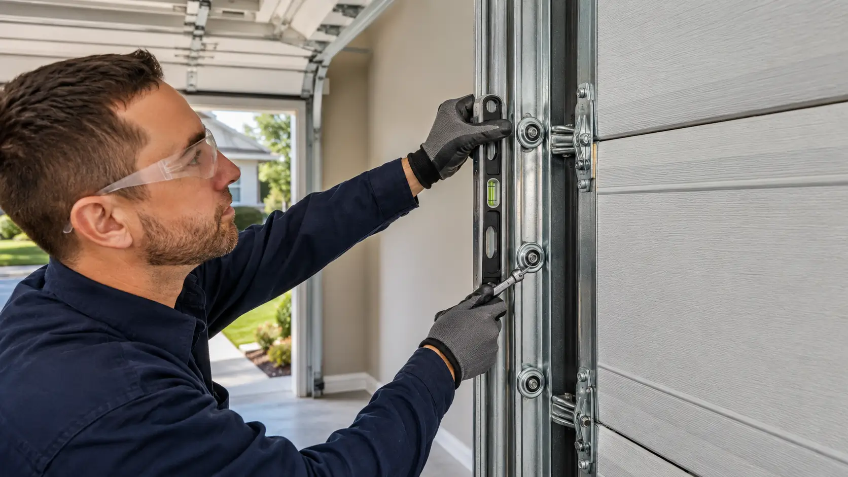 Technician performing precise garage door track alignment and installing heavy-duty rollers