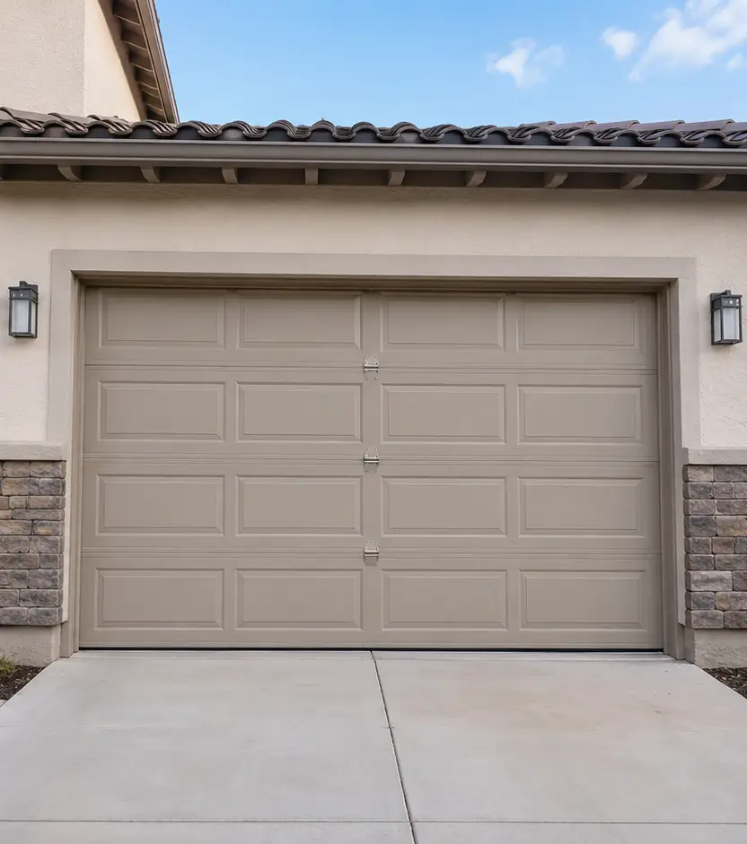 Restored residential garage door after professional repair in Whitestown