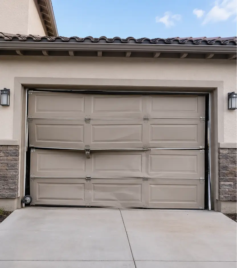 Damaged residential garage door before professional repair in Whitestown