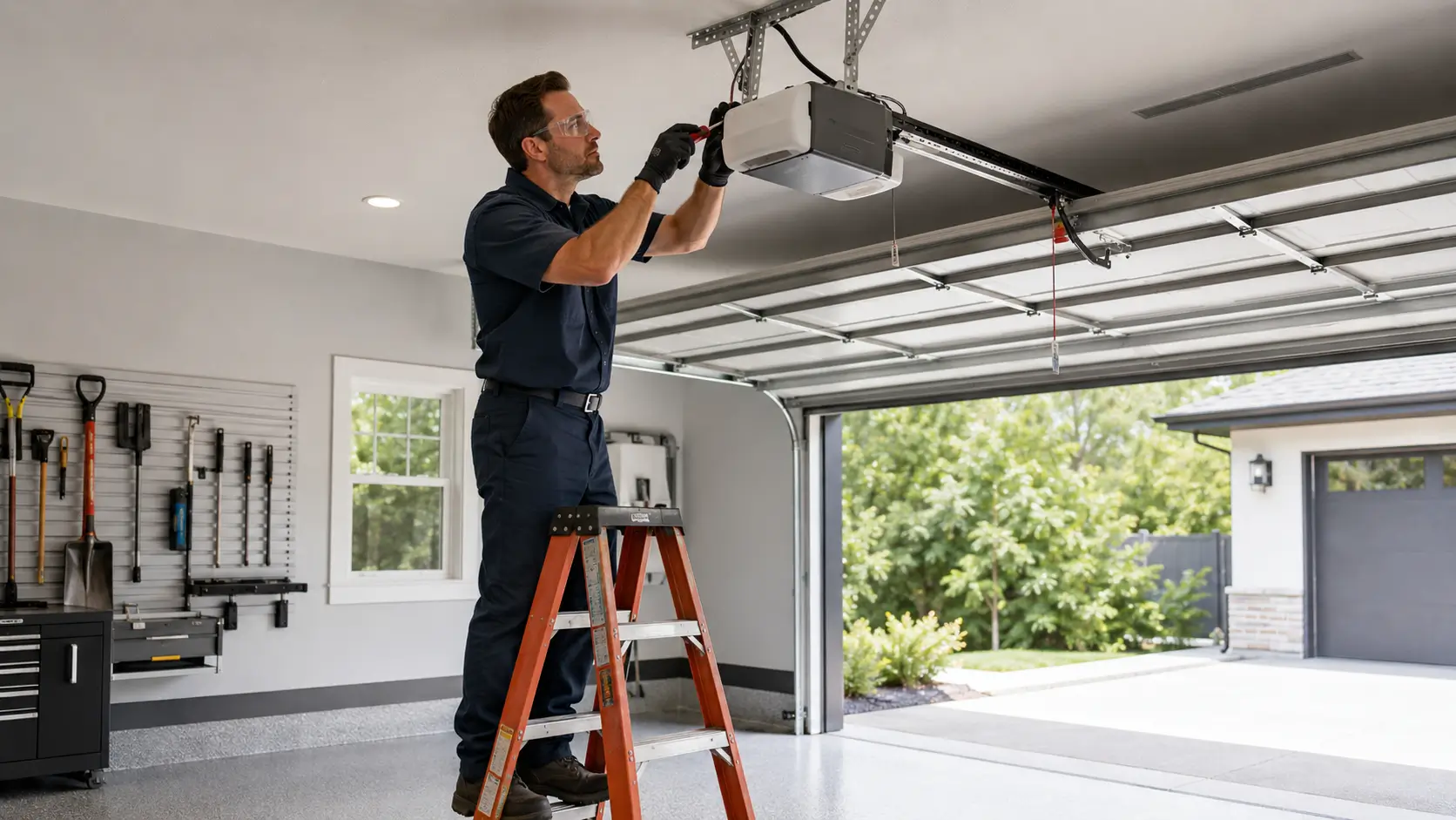 Professional technician repairing a garage door opener safely