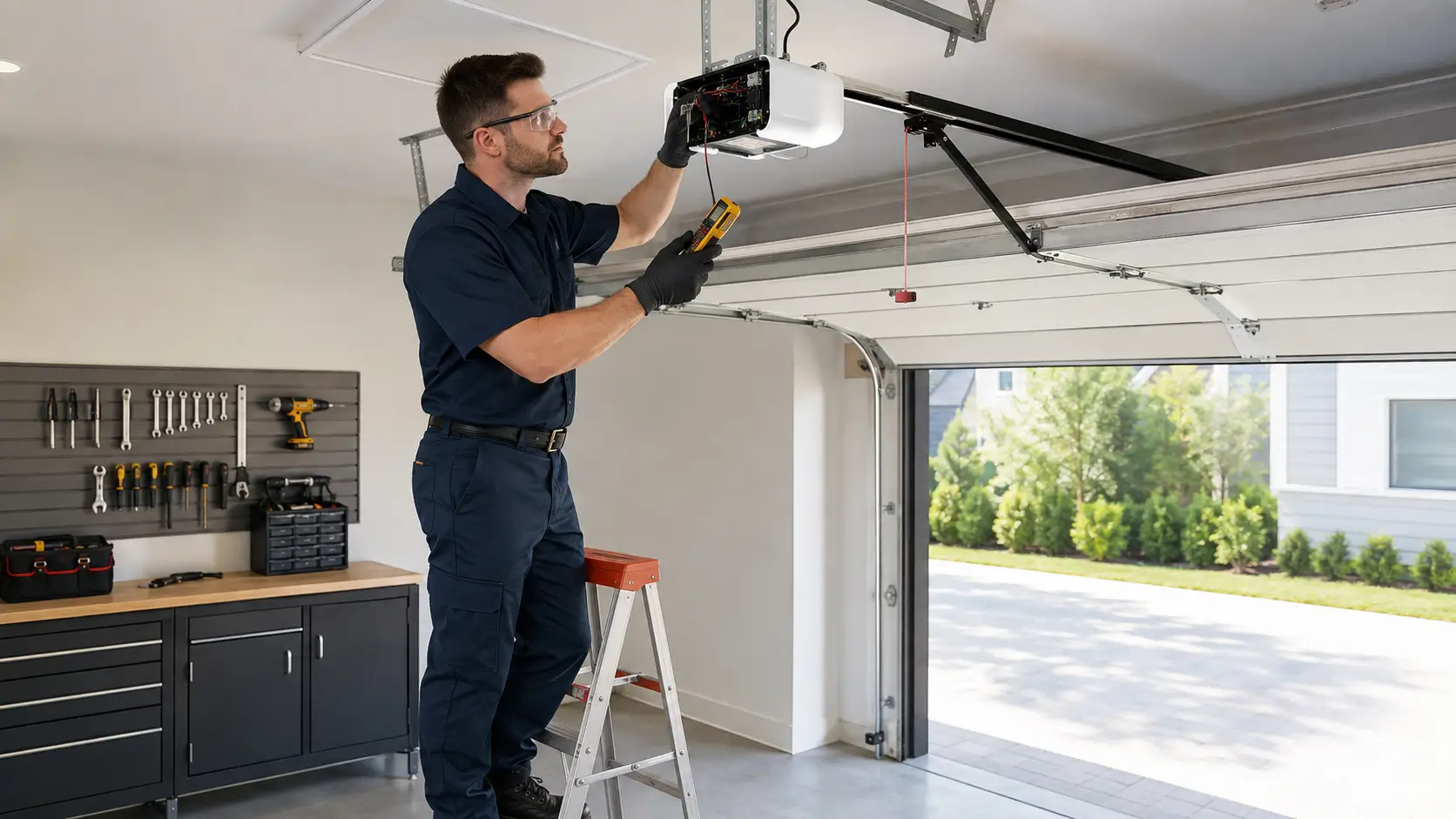 Professional technician repairing an automatic garage door opener in Whitestown Indiana