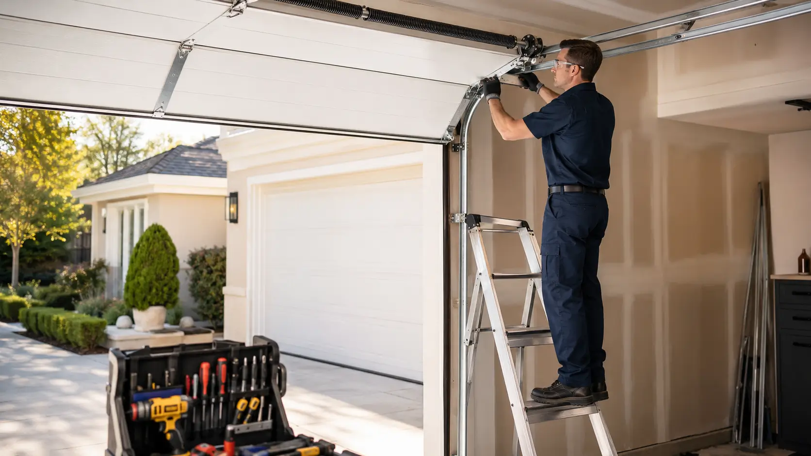 Professional technician repairing a residential garage door in Whitestown