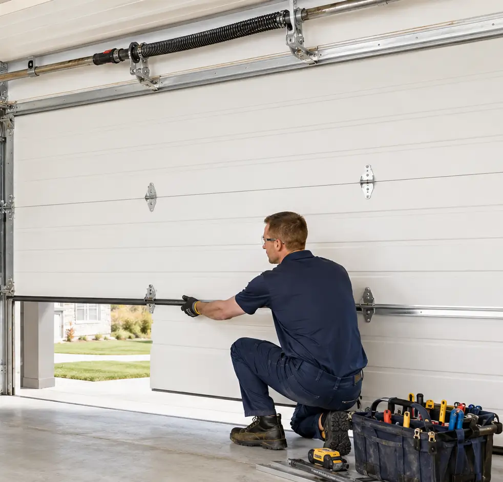 Professional technicians precisely aligning and installing a replacement garage door in Whitestown, Indiana.
