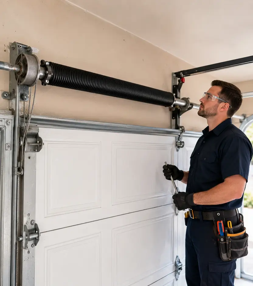 Restored residential garage door after professional repair in Whitestown