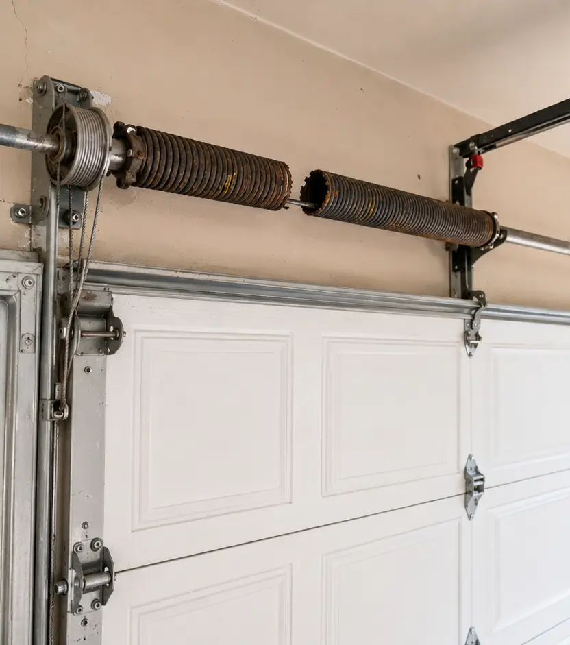 Damaged residential garage door before professional repair in Whitestown