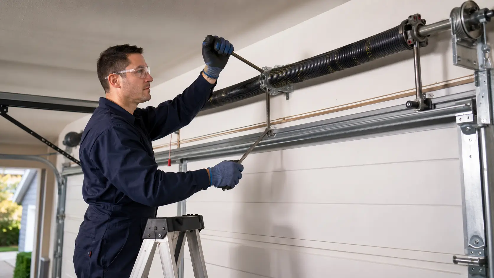 Professional technician repairing a garage door torsion spring safely