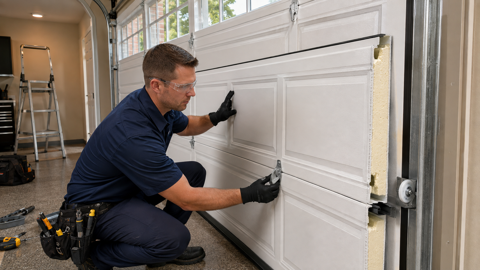 Technician installing an insulated garage door with energy-efficient