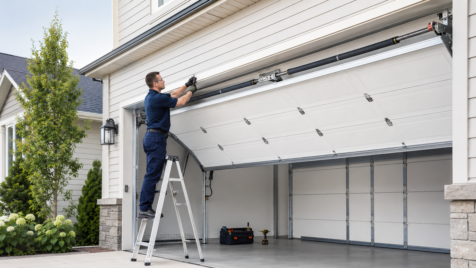 Professional technician installing a residential garage door in Whitestown