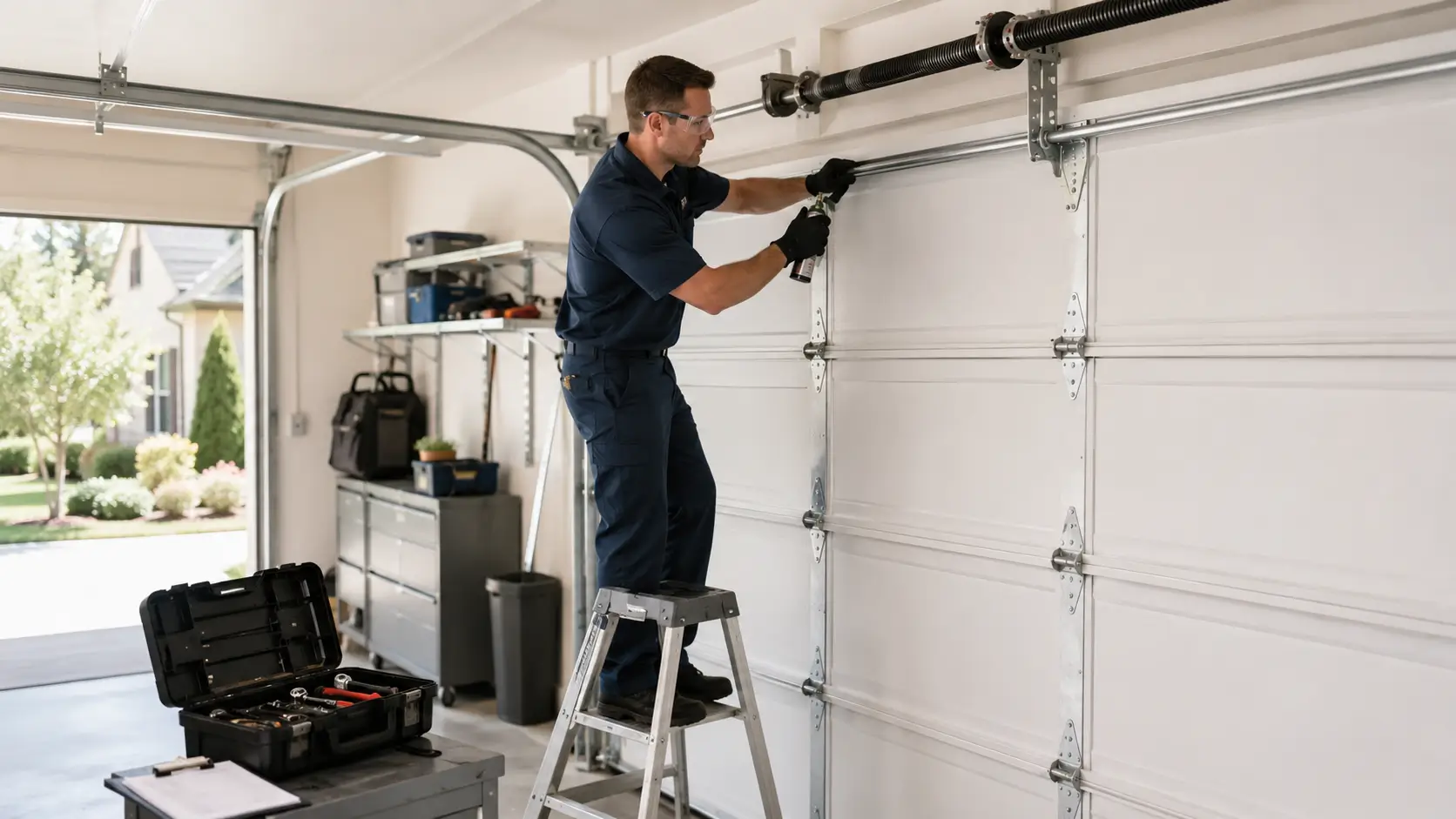 Professional technician maintenance a residential garage door in Whitestown