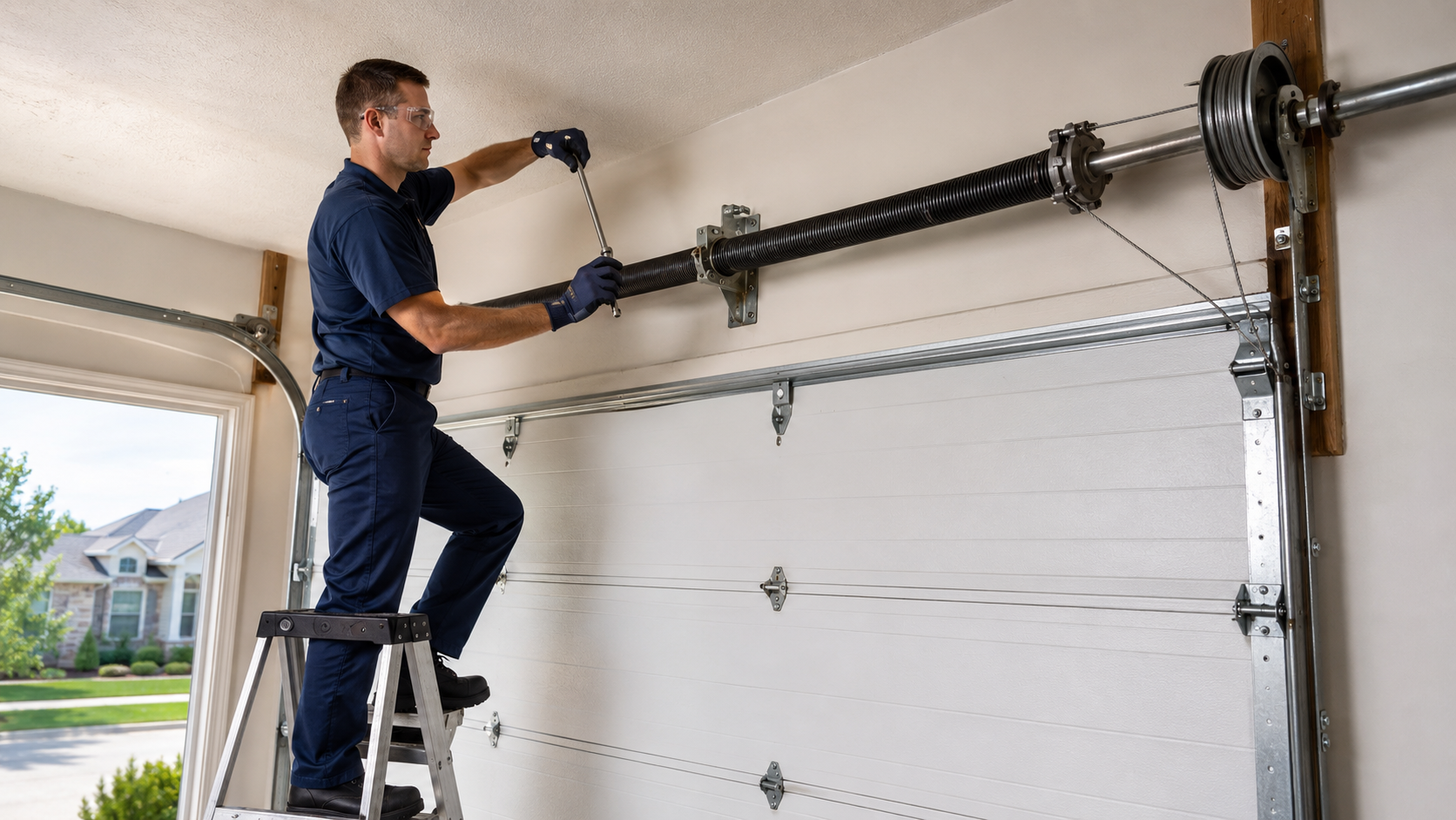 Professional technician repairing a garage door torsion spring
