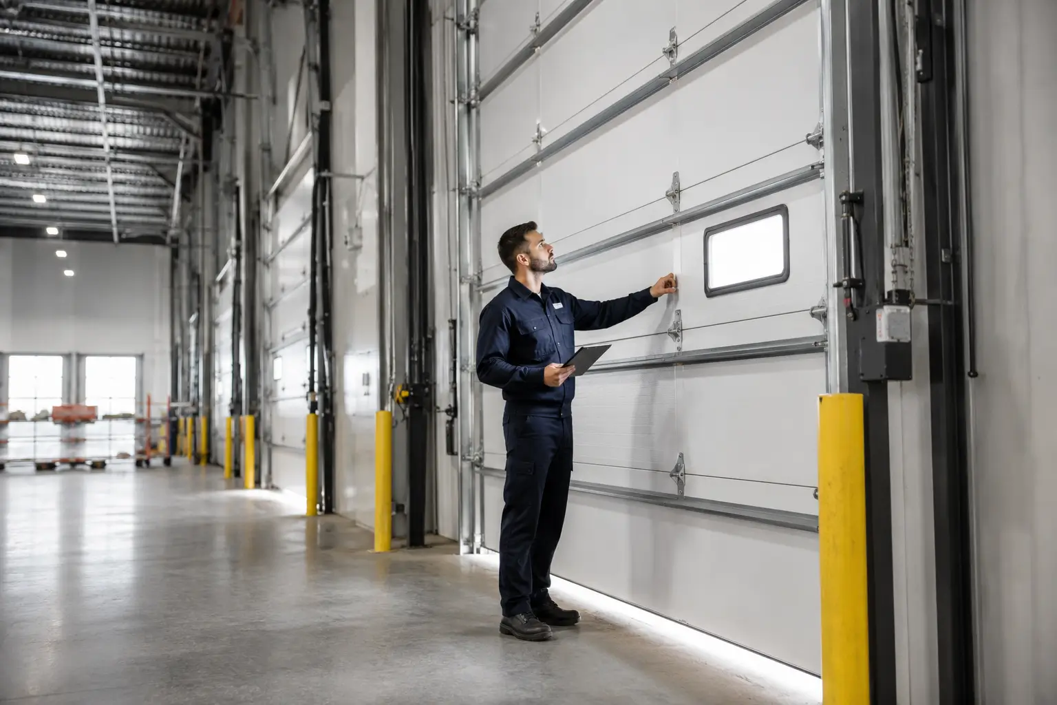 Heavy-duty commercial overhead garage doors installed at a Whitestown business facility