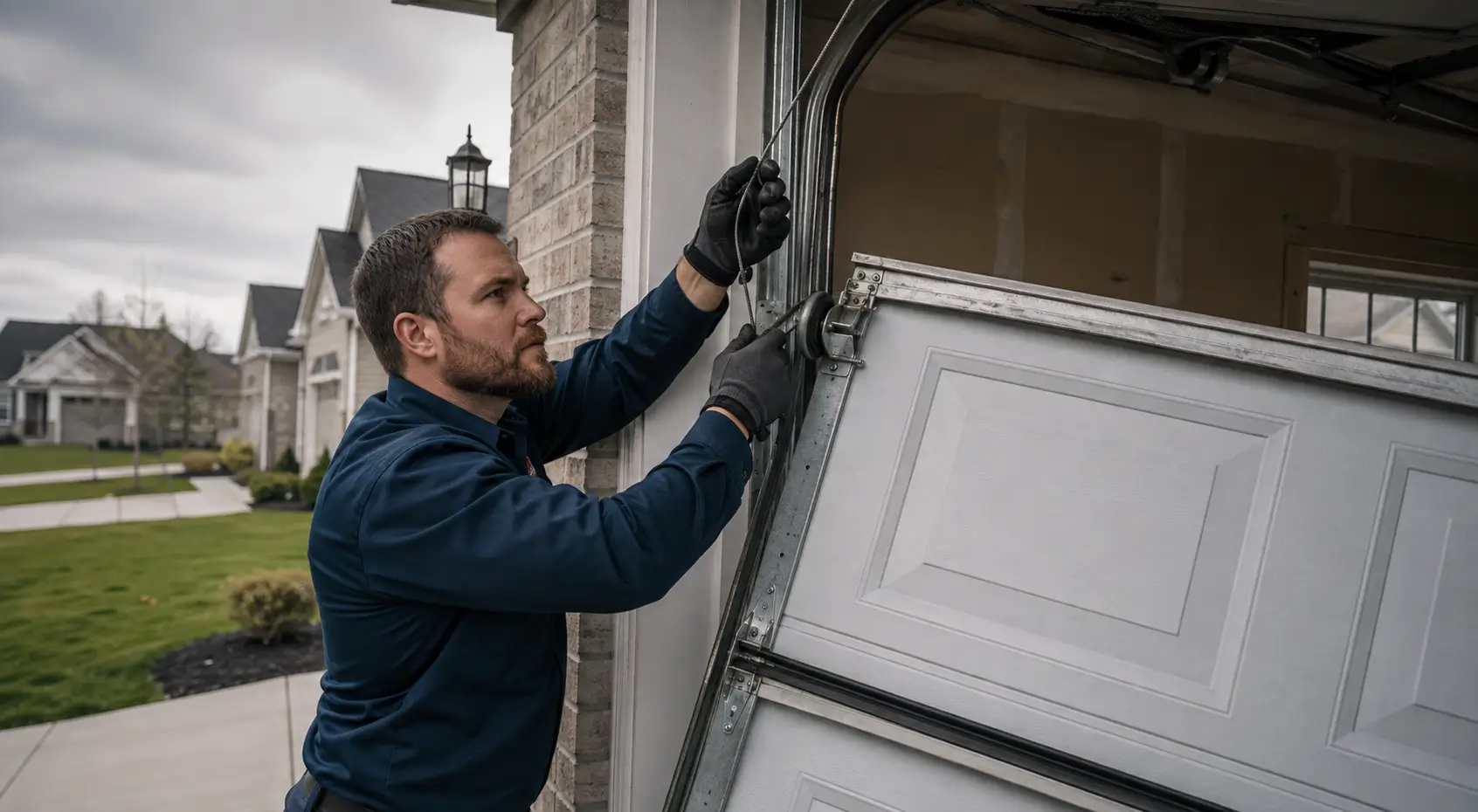 Emergency garage door technician responding to an urgent garage door repair in Whitestown