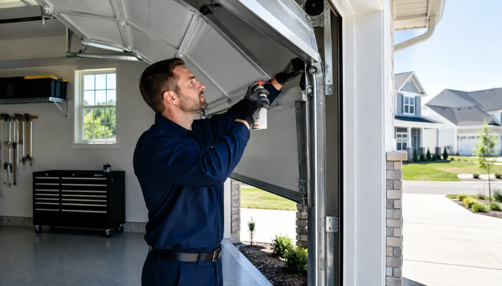 Technician performing professional garage door maintenance and hardware inspection in Whitestown