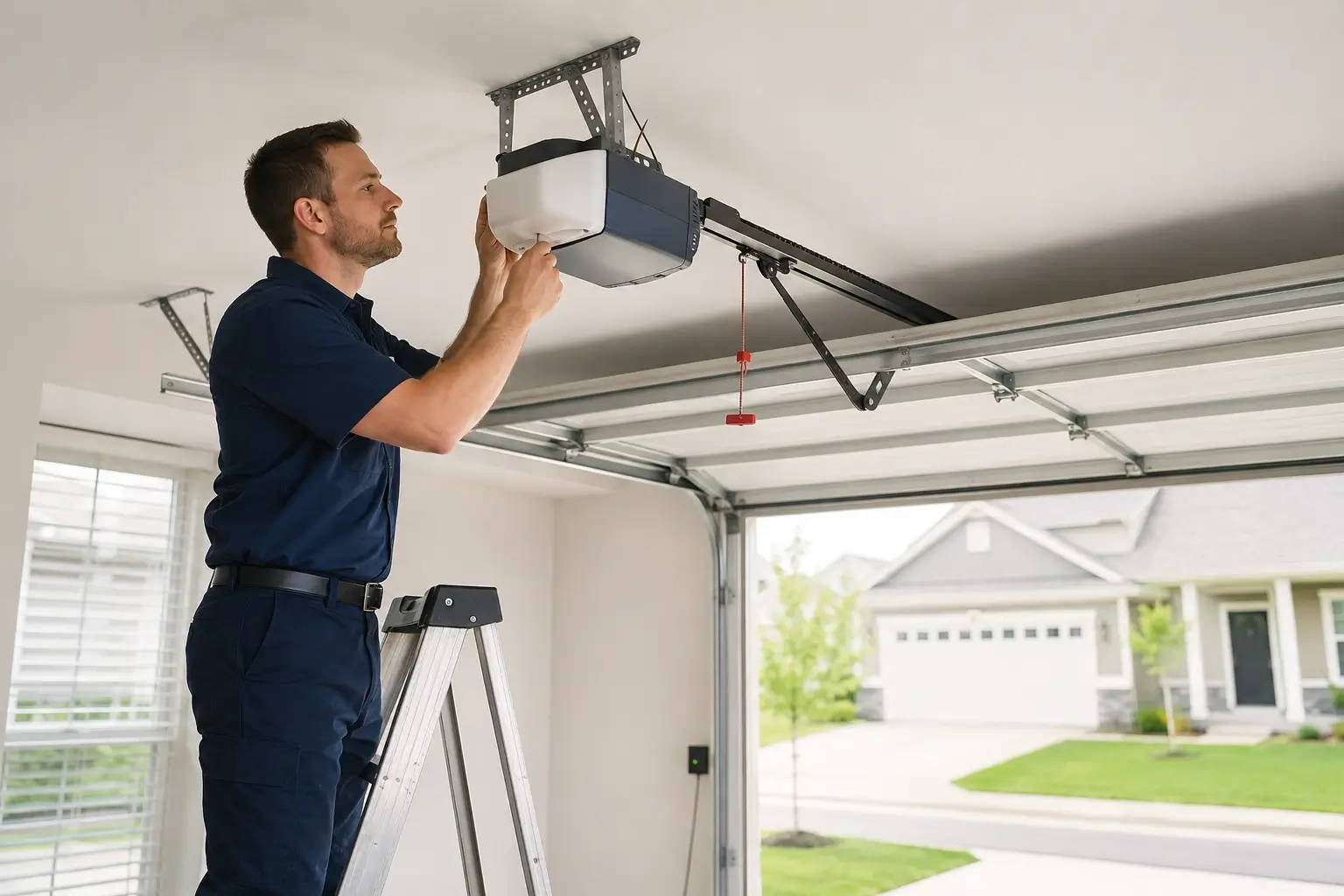 Technician repairing a ceiling-mounted garage door opener in Whitestown Indiana