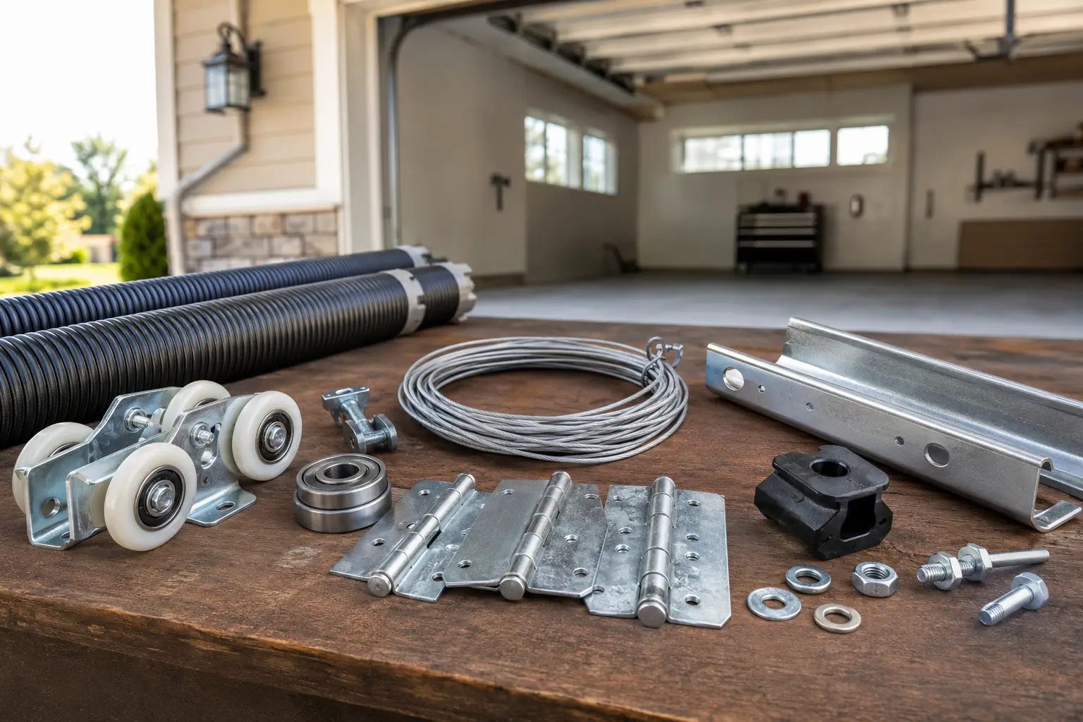 Professional garage door replacement parts including rollers springs cables and hinges