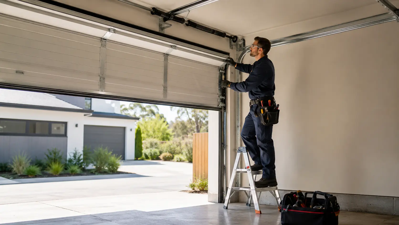 Professional Whitestown Garage Door technician inspecting and repairing a residential garage door