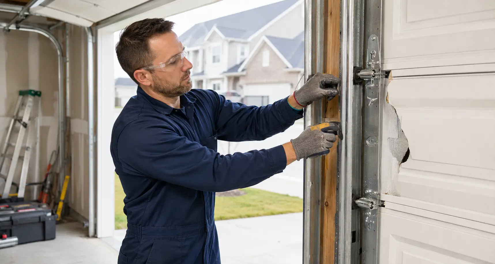 Professional garage door repair technician servicing a residential garage door in Whitestown Indiana