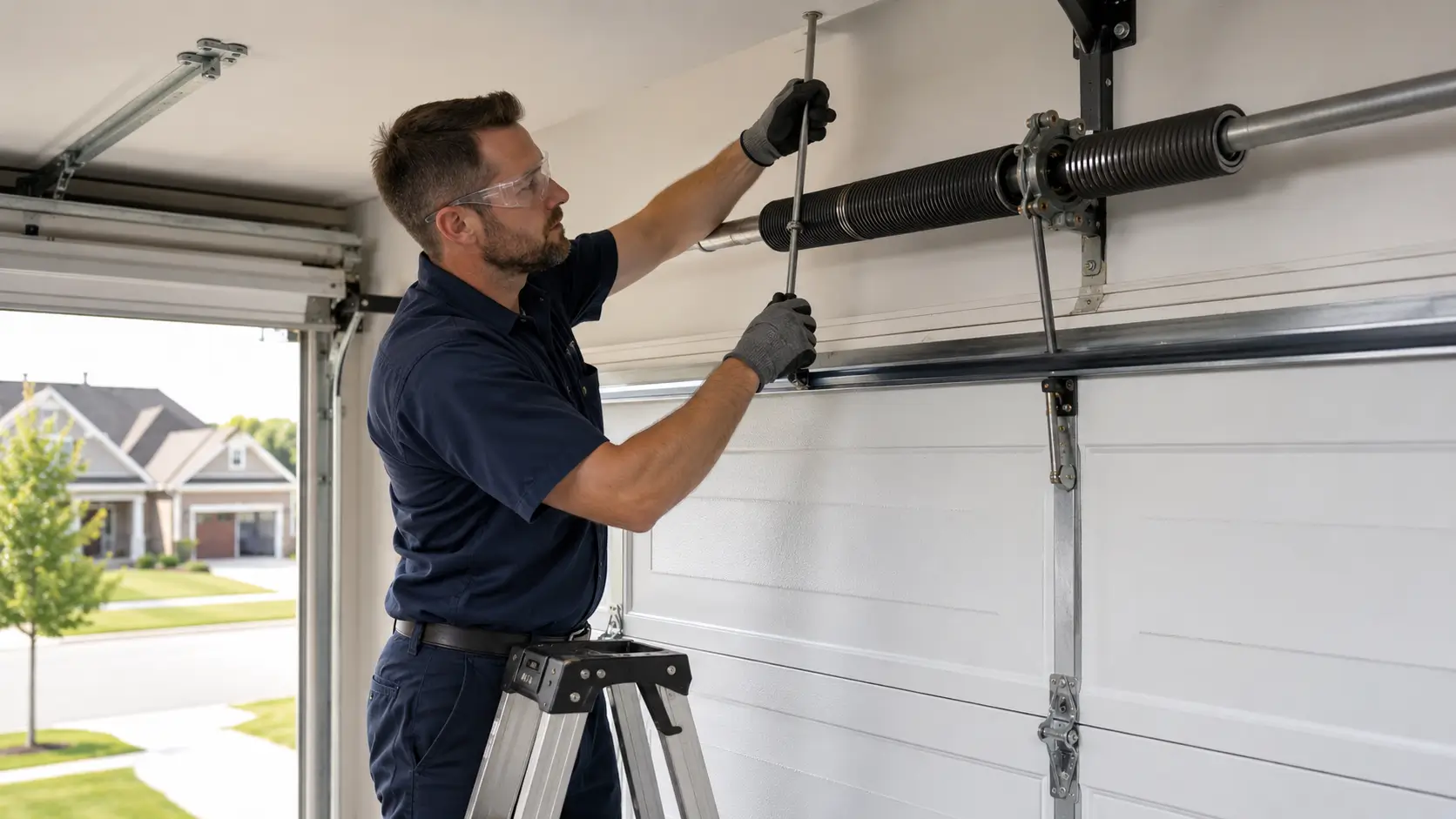 Garage door technician replacing a broken torsion spring in Whitestown Indiana