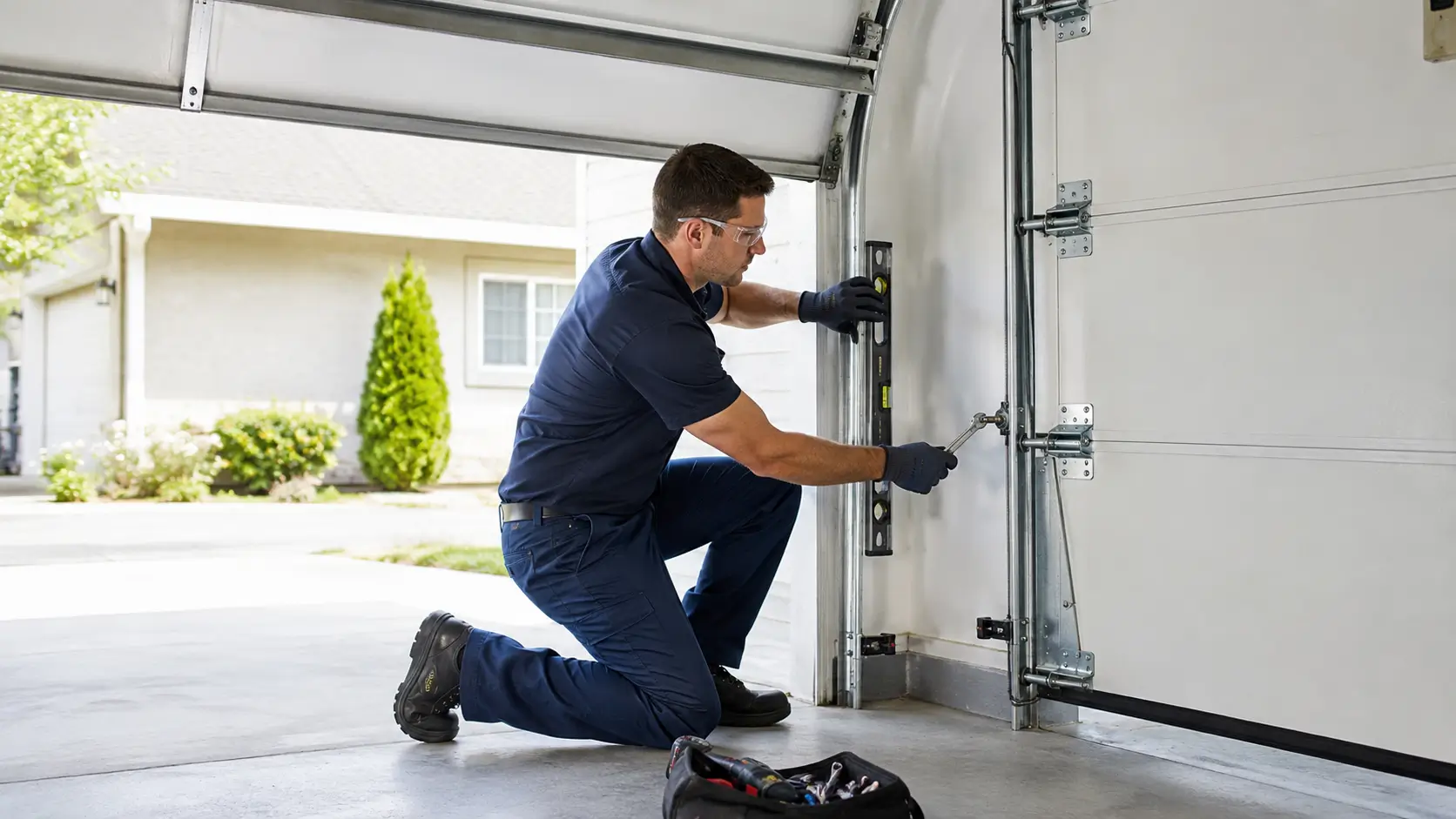 Garage door technician realigning a damaged garage door track in Whitestown Indiana